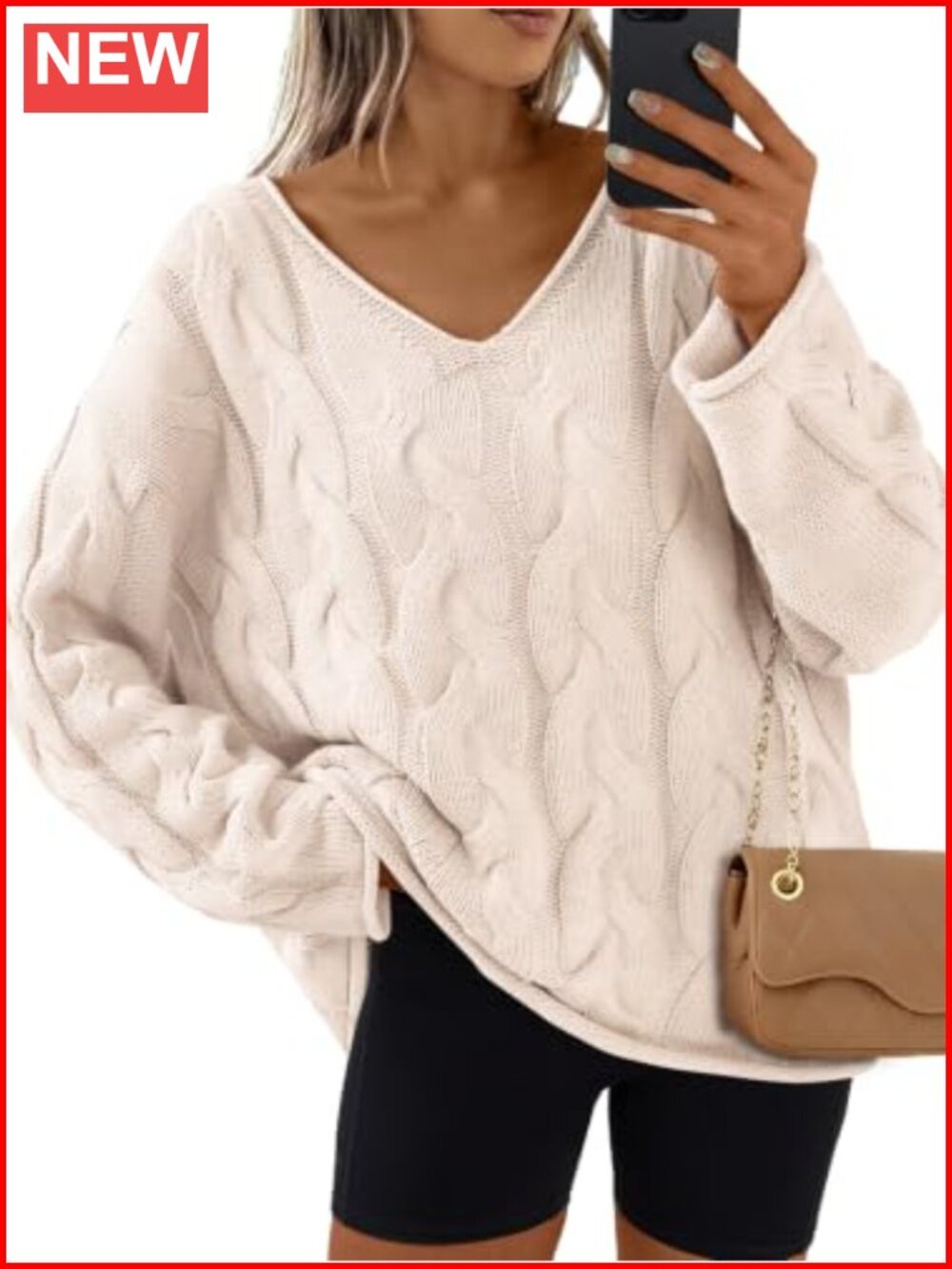 Oversized Cable Knit V-Neck Pullover Sweater 60% Cotton 40% Acrylic Loose Fit